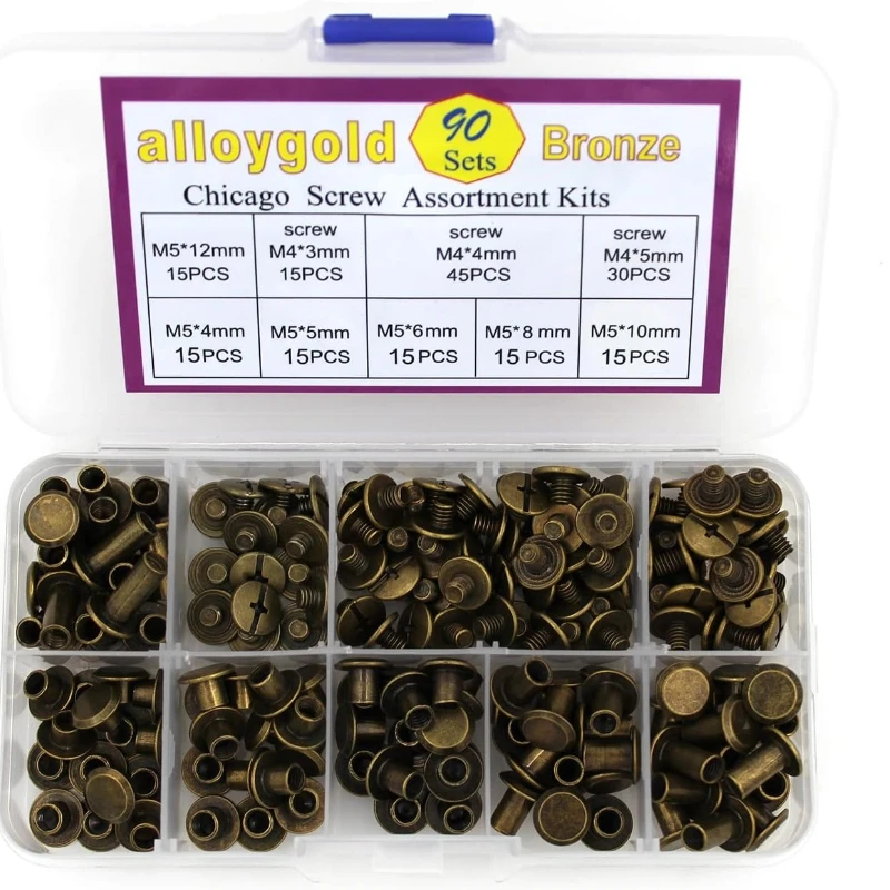 90 Sets Bronze Chicago Screws Leather Kit, 6 Sizes (M5 X 4-12) | Screw Rivets, DIY Leather Craft, Bookbinding, Mixed Kit