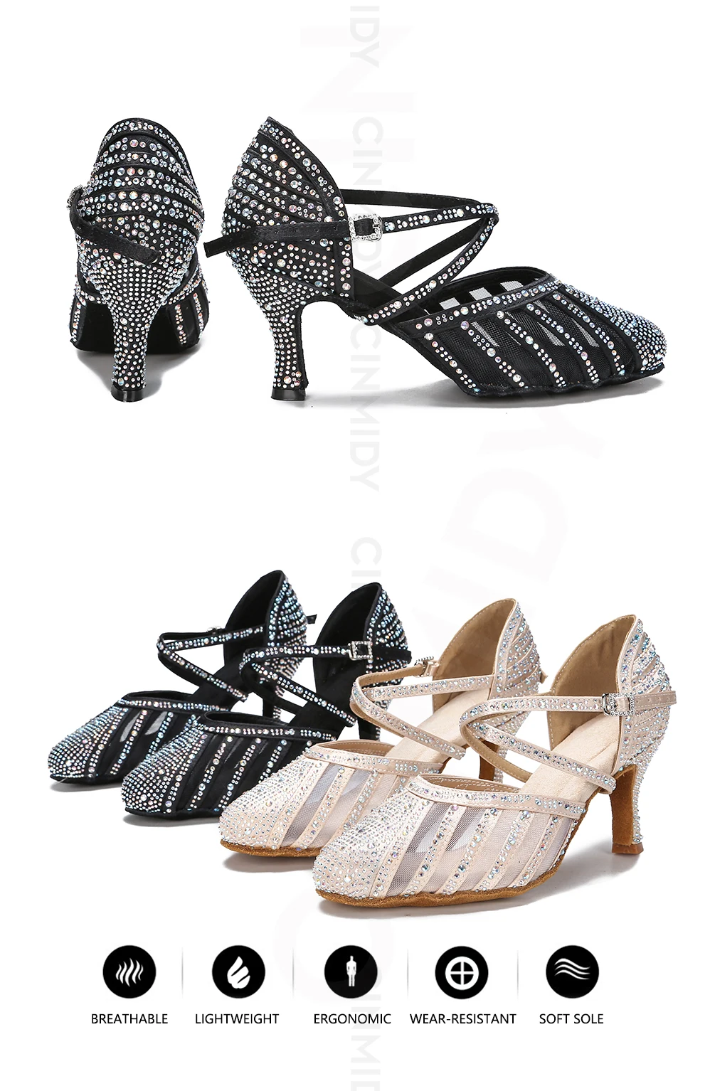 CINMIDY Damen Latein Tanzschuhe Strass Tango Modern Tanzschuhe Damen Sandalen Baotou Ballsaal Party Schuhe – Detail 4