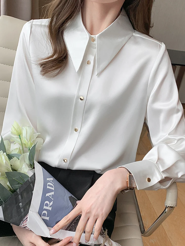 Blusa De manga larga para Mujer, camisa blanca con cuello vuelto, a la Moda, para oficina, 2024, E313