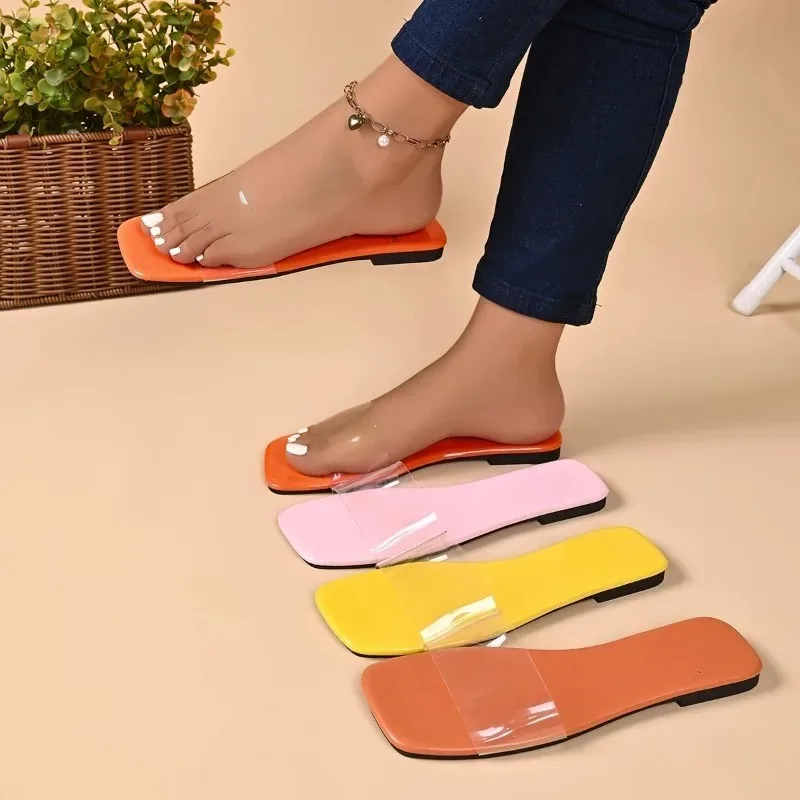 Fashionable Lightweight Outdoor Casual Women's Slippers 2026 Summer New Square Toe Solid Color Shoes for Women  