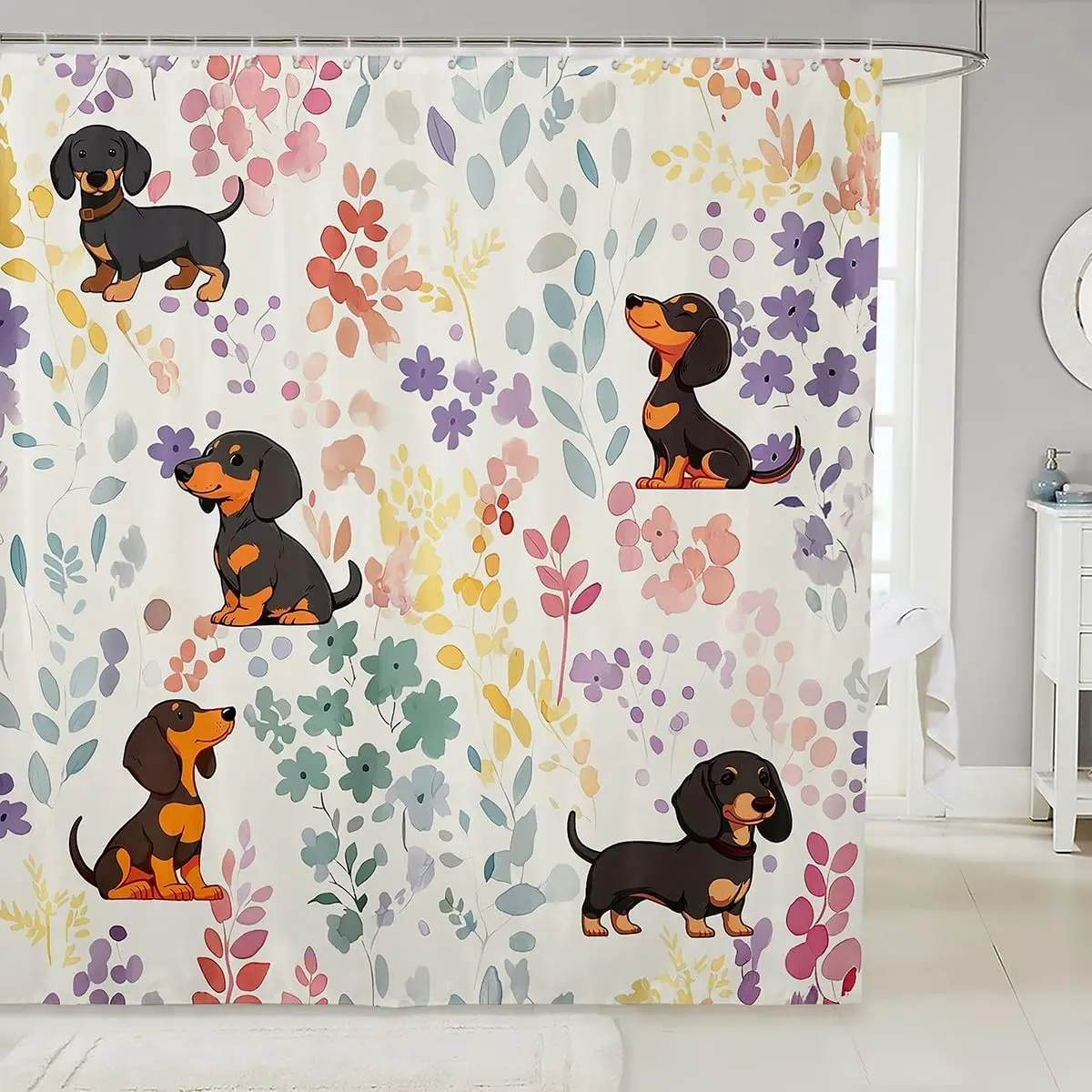 

Набор занавесок для душа с таксой, красочный цветок, набор для ванной комнаты с собакой, милые подарки для любителей домашних животных для детей, девочек и мальчиков, ванная комната с радужным цветочным принтом