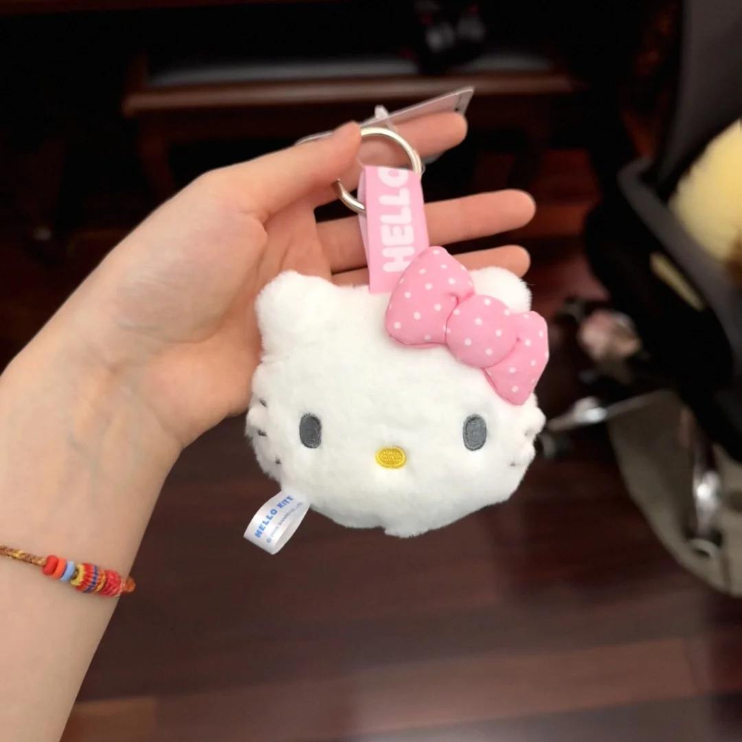 Hello Kitty Melody Pom Pom Purin Polka Dot Bowknot Plush Stuffed Toy Round Keychain Pendant Cartoon Holiday Gifts for Friends