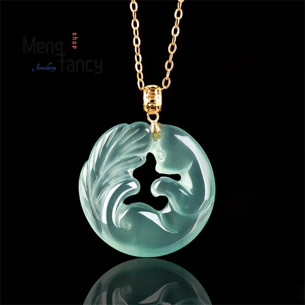 

Genuine Natural A-goods Jadeite Ice Blue Water Nine-tailed fox Jade Pendant 18K Gold Buckle Inlay Exquisite Fashion Fine Jewelry