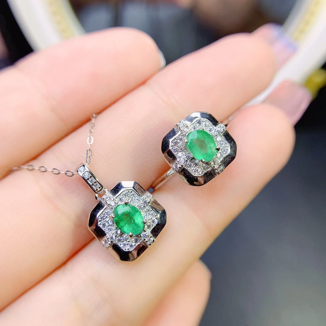 

Ladies Sterling Silver 925 Natural Colombian Emerald Diamond Collection Shipping free wholesale elegant Christmas gift boutique