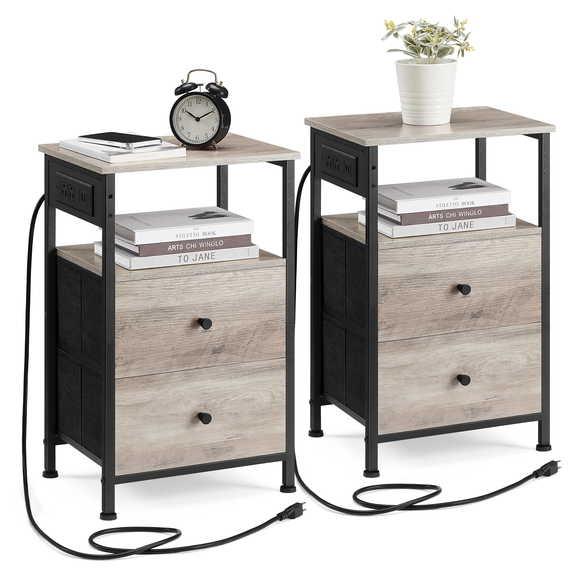 

VASAGLE Nightstand with Charging Station, Set of 2 Night Stands, Side Table with 2 Drawers and 1 Open Shelf, Fabric Drawers