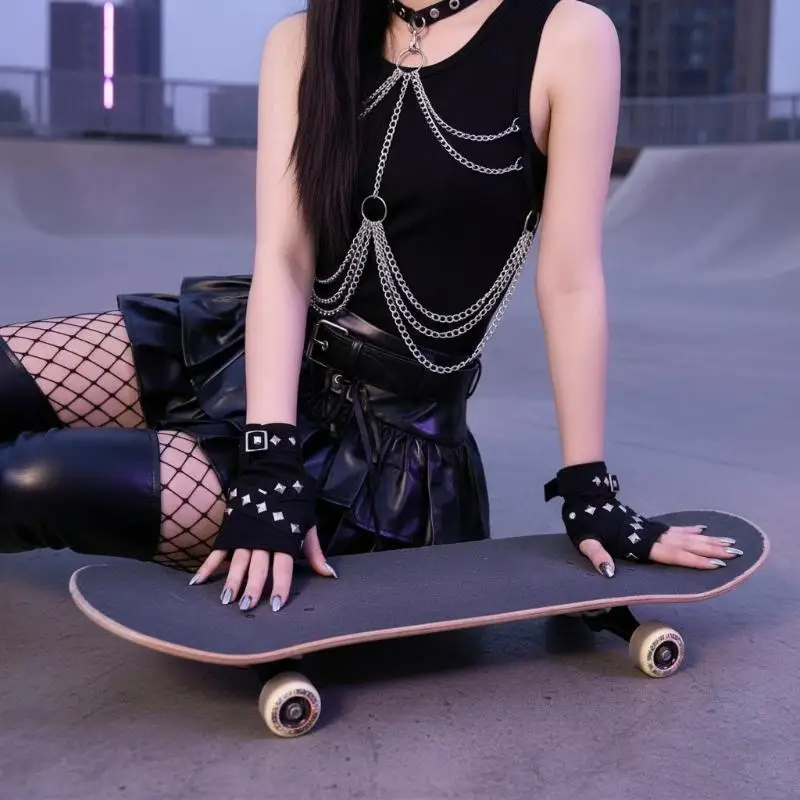 Black Punk Fingerless Gloves With Silver Studs Adjustable Buckle For Halloween Cosplay Rock Party
