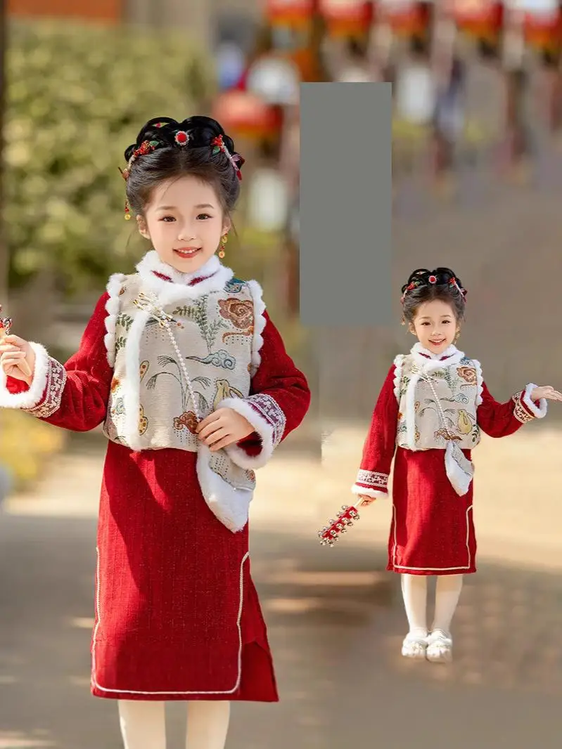 Roupas tradicionais chinesas de ano novo para meninas, hanfu, outono e inverno, cheongsam de bebê, pequenos trajes festivos vermelhos adicionam veludo