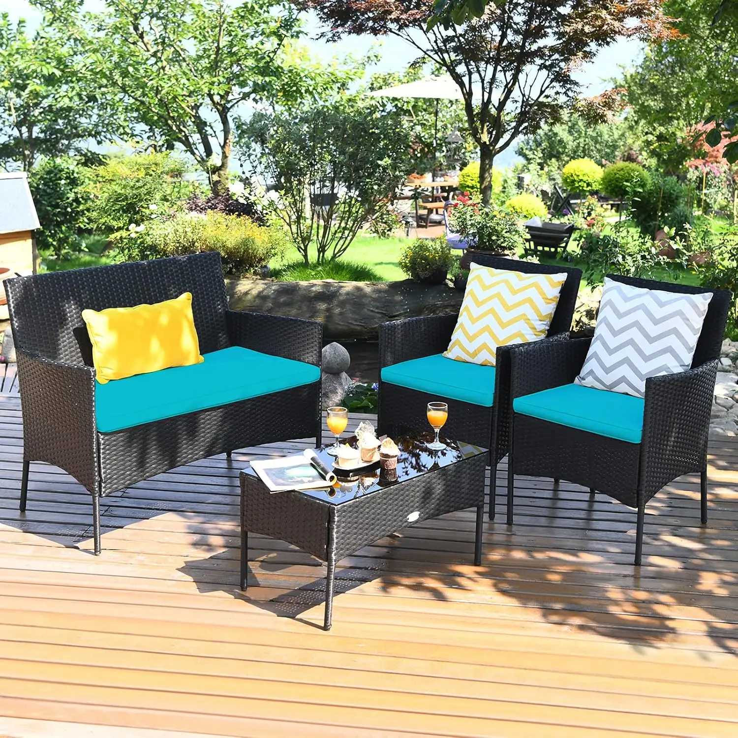 4-Piece Outdoor Wicker Conversation Set, Rattan Loveseat & Chairs with Cushions & Glass Coffee Table for Backyard Poolside