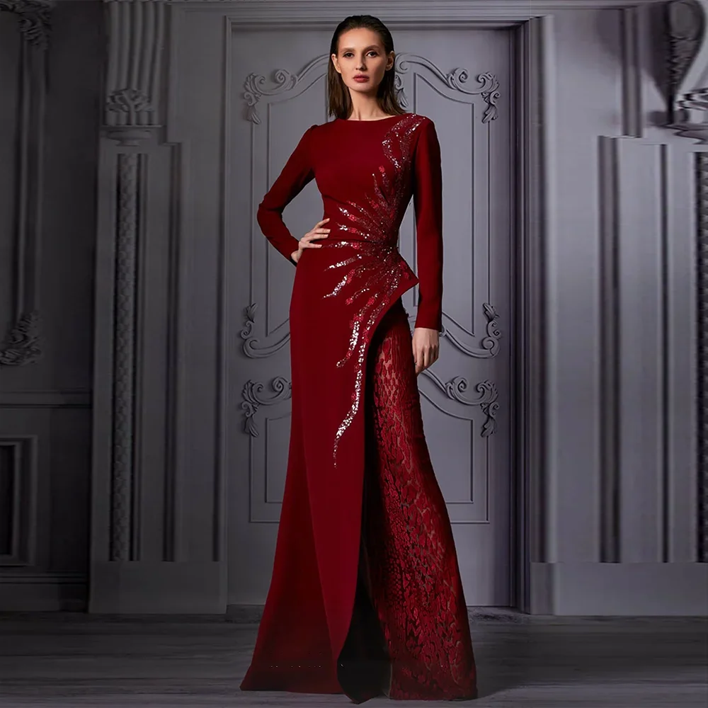 

Burgundy O-Neck Long Sleeves Evening Dresses Fashion Beads Sequined Mermaid Gowns Elegant Floor Length Lace Party Prom Dresses