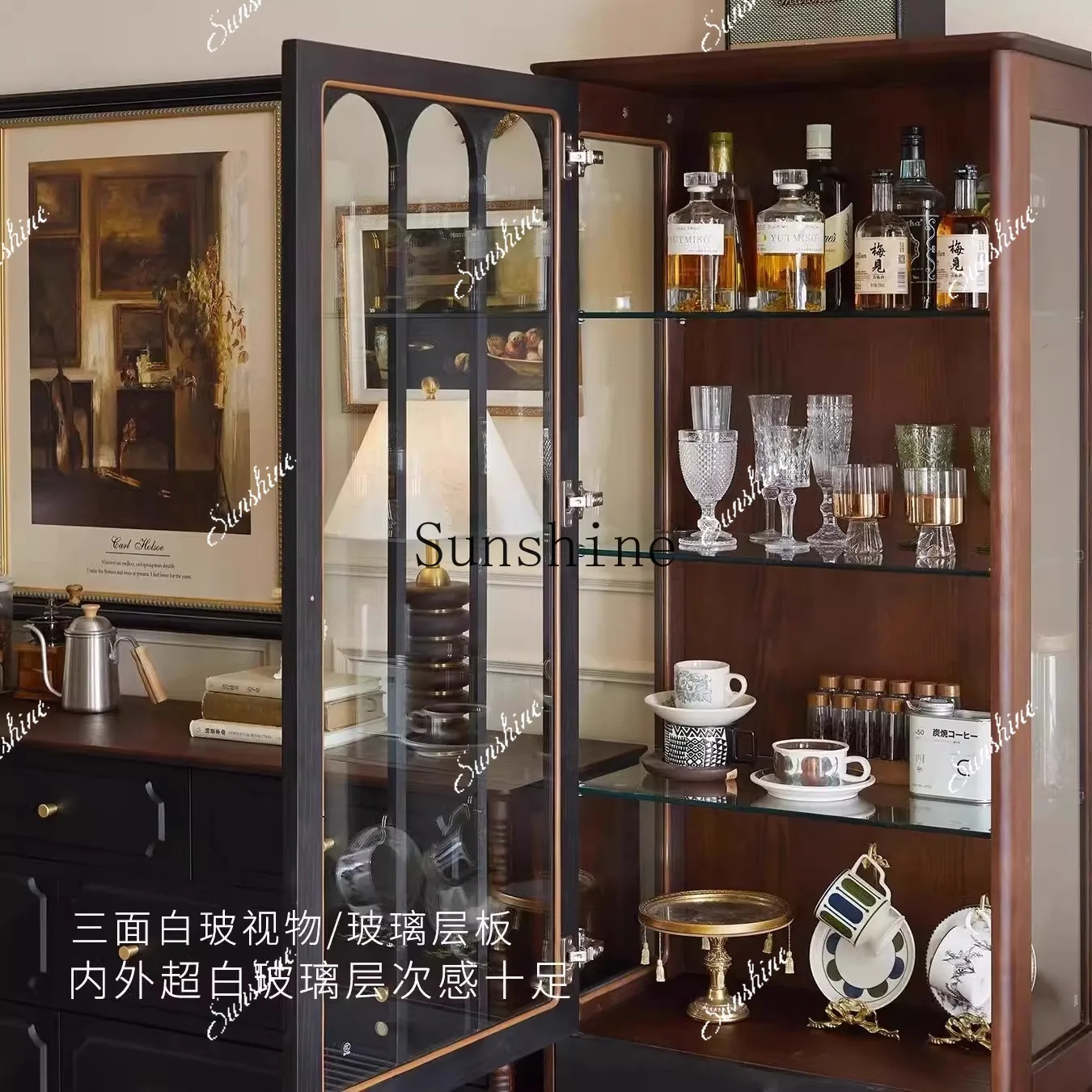 

French vintage style solid wood display wall glass storage storage home living room sideboardP