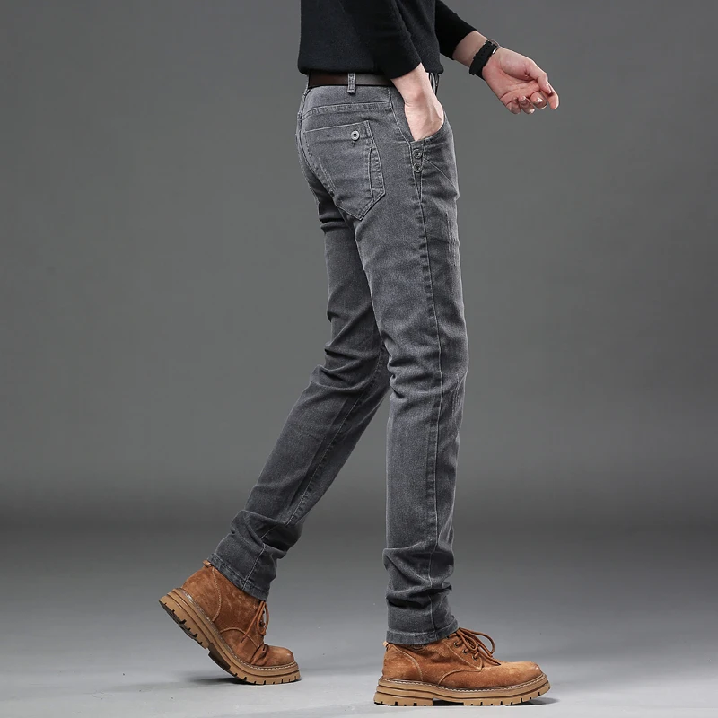 New Pure Gray Korean Slim Jeans Men's Stretch Tight Trendy Jean Trousers Branded Streetwear Comfortable Man Clothing Pants