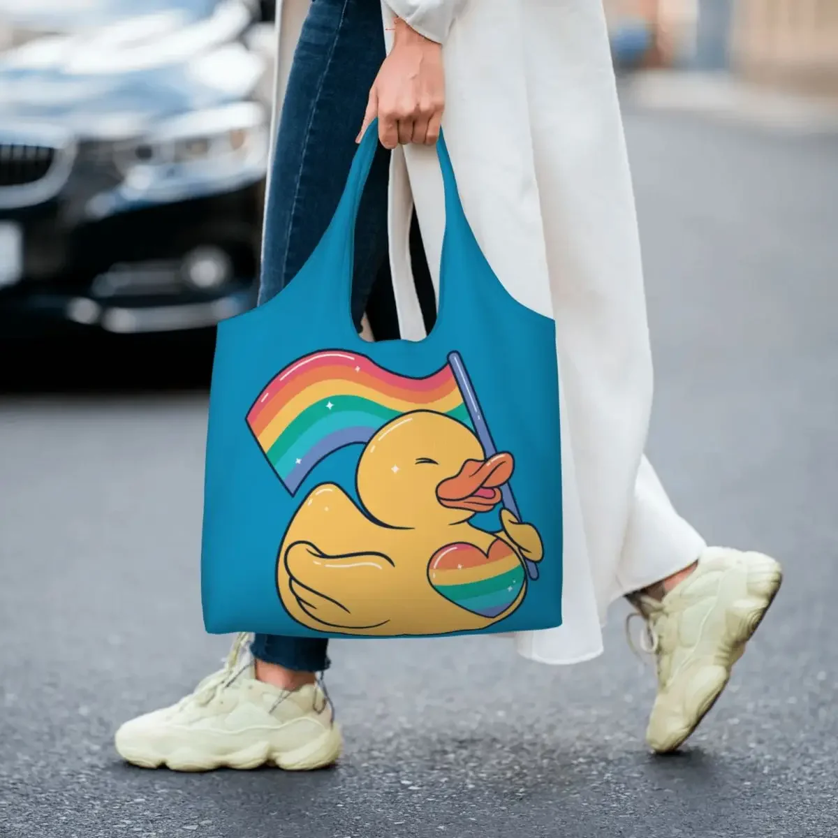 Custom Kawaii Printed Cute LGBT Rainbow Rubber Ducky Tote Shopping Bags Washable Canvas Shopper Shoulder Handbag