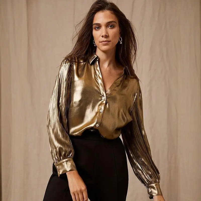 

Metallic een Long Sve Women's irt Button up V-Ne Lantern Sve French Sle Straight Cut Polyester Fiber Pure Color