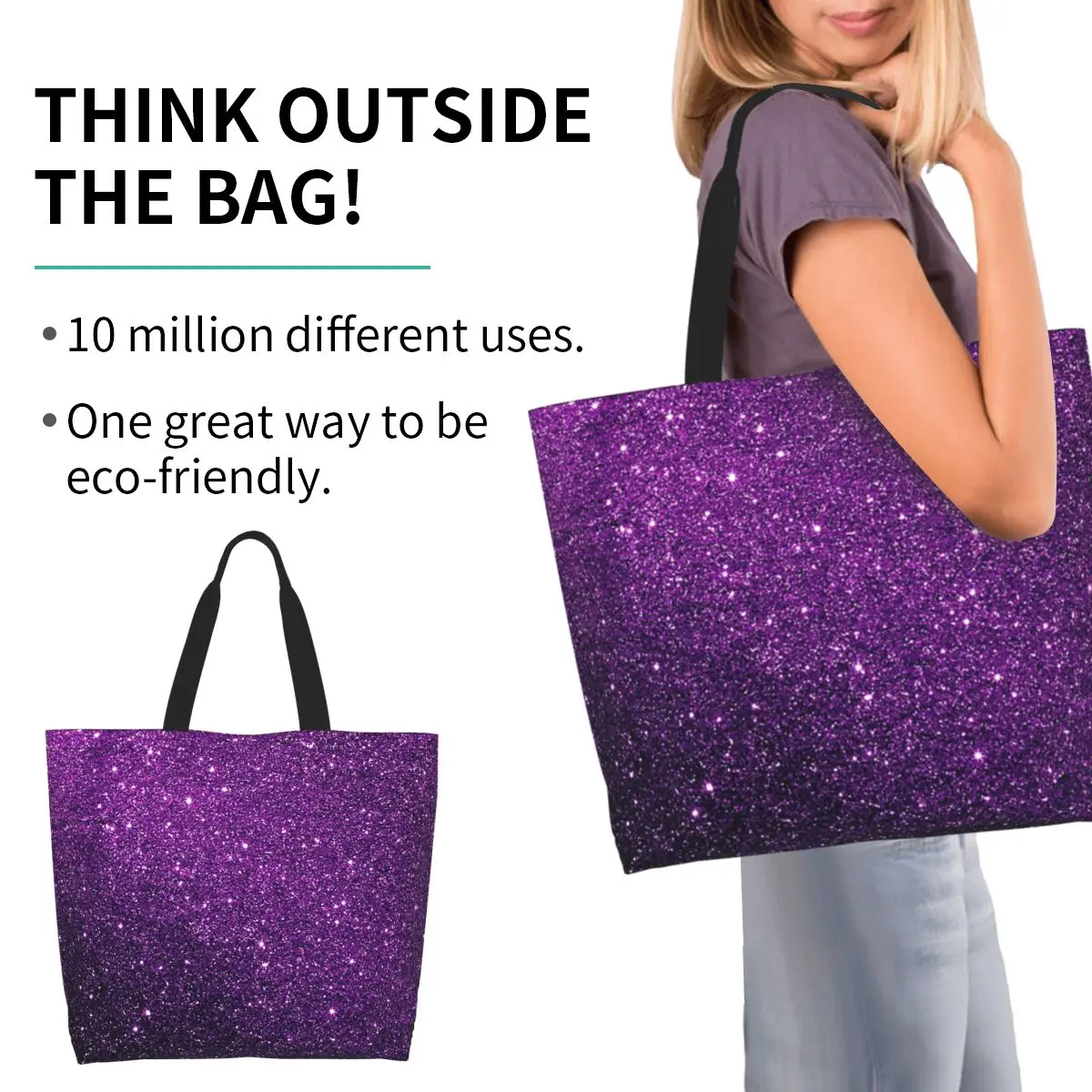 Gradient Purple Glitter Pattern Shopping Tote Bag Canvas Large Capacity Shoulder Bags Shopper Grocery Handbag for Women