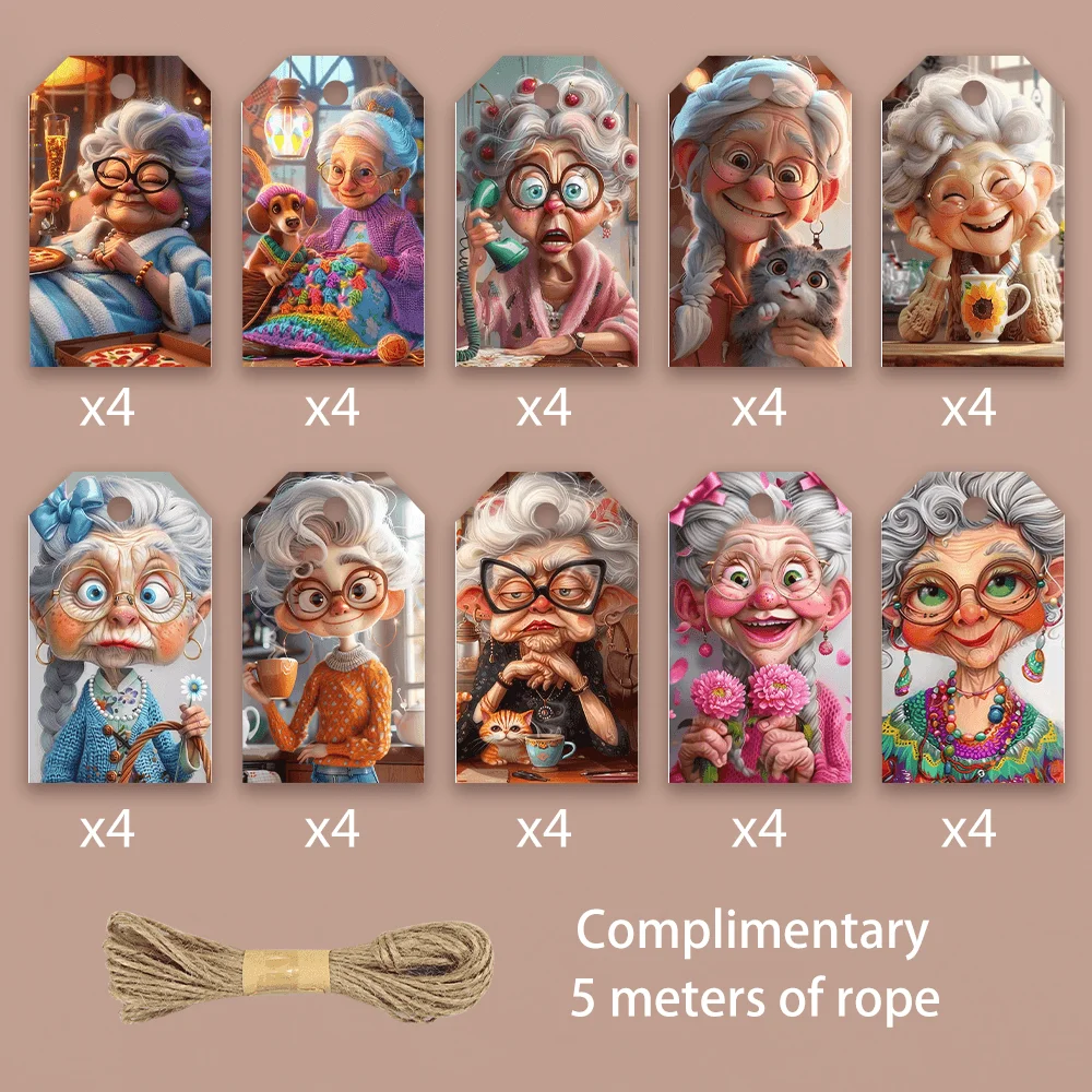 40pcs, Gift Tags, Funny Christmas Santa Granny, Hanging Paper Labels for Gift Wrapping, Holiday Party Decor with String