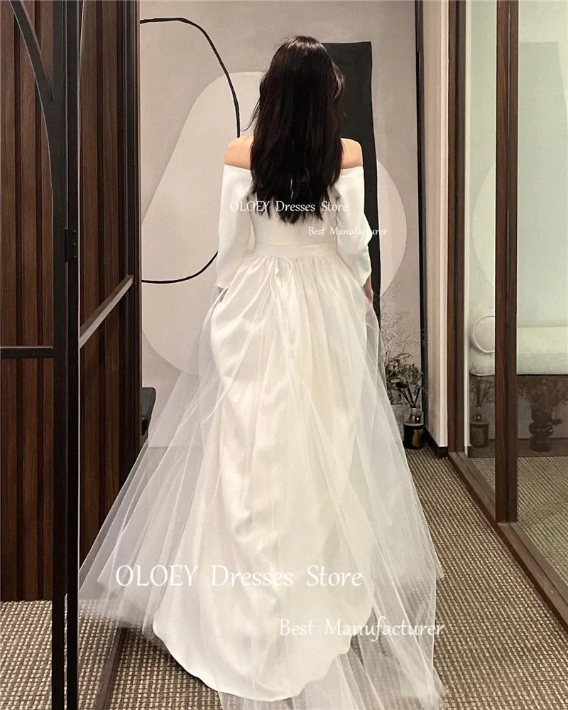 OLOEY Simple A Line Korea Wedding Dresses Off the Shoulder Long Sleeves Stretch Satin Bridal Gowns Photo shoot Plus SIze