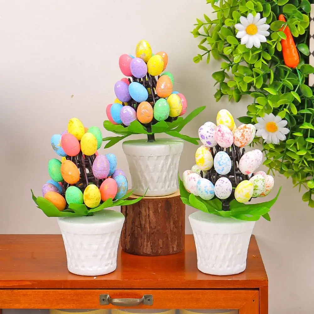 Colorful Easter Egg Tree Flowerpot Mini Handmade Painted Foam Egg Ornament DIY Crafts Simulation Egg Decorations Kids Gifts