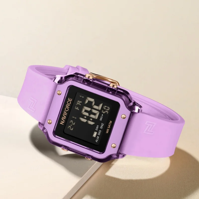 Naviforce 6105 Jam Tangan Olahraga Wanita Jam Tangan Lampu Persegi Tahan Air 5ATM Jam Elektronik Digital LED Montre Femme