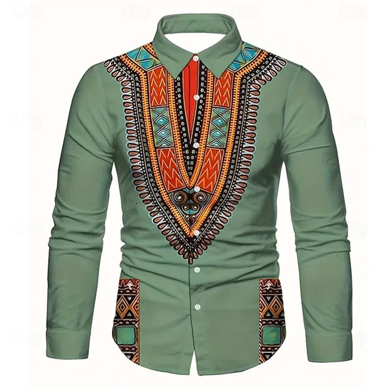 Men's ethnic pattern button down shirt casual formal shirt long sleeve retro vacation daily street summer spring lapel shirt