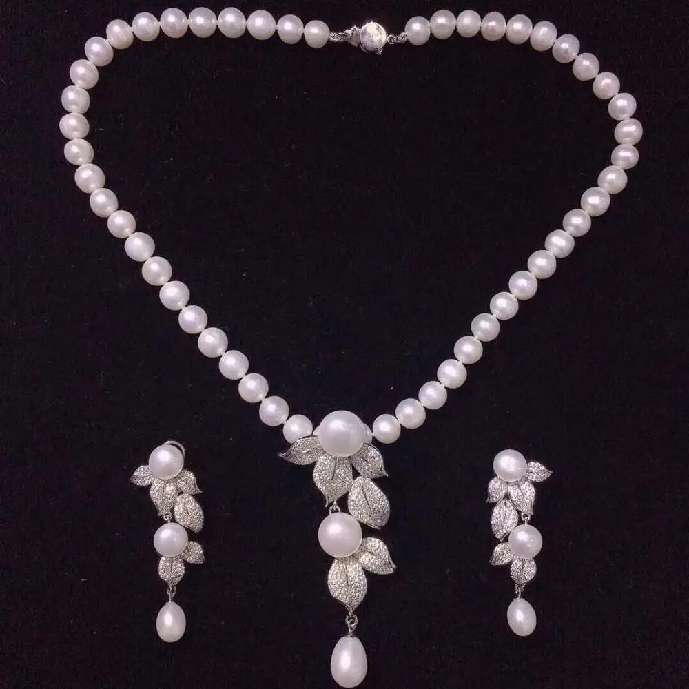 

ones set freshwater pearl flower pendant necklace earrings white near round wholesale nature beads