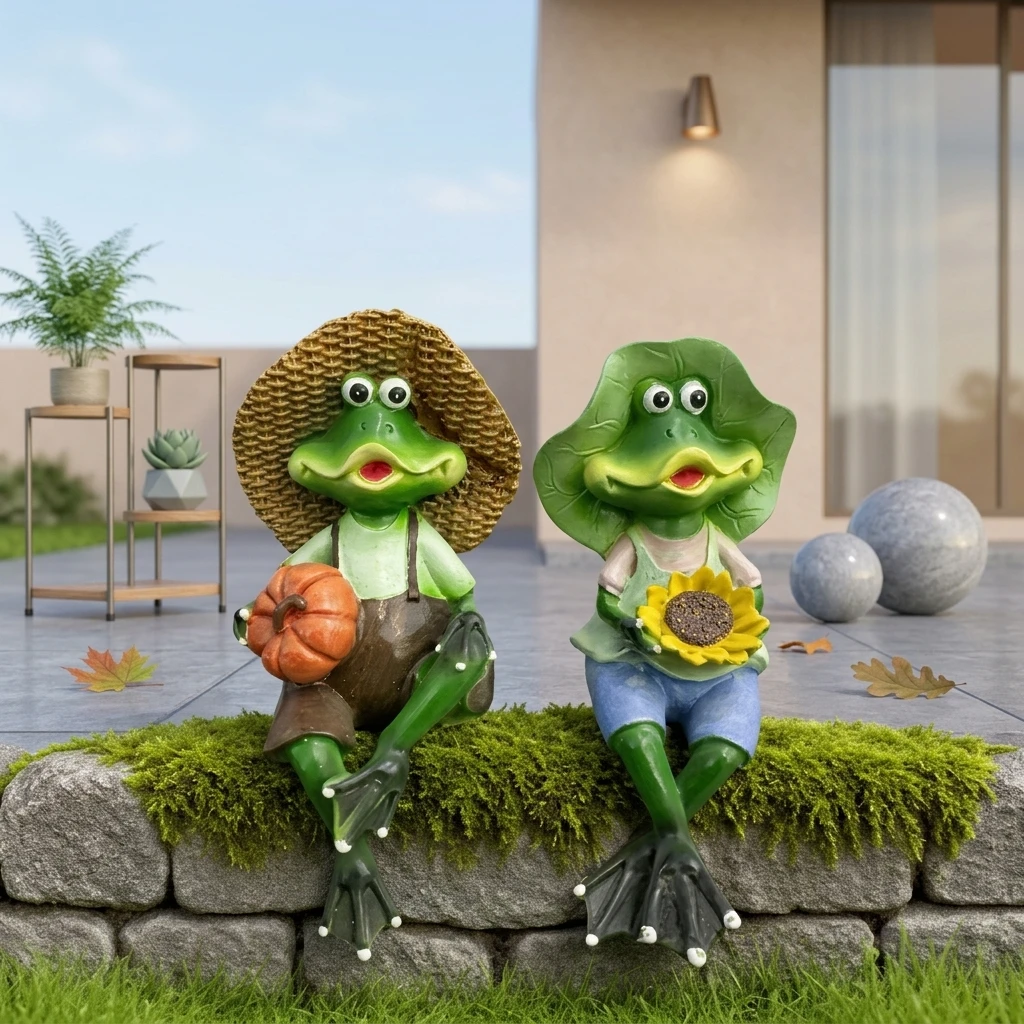 Resin Frog Couple Figurine for Outdoor Garden Decoration Waterproof Artistic Gift