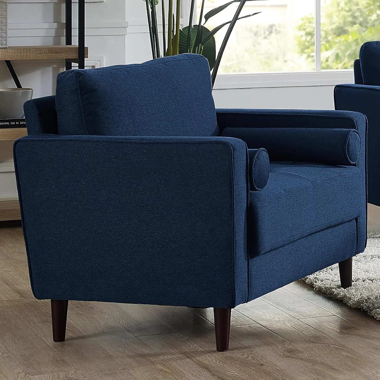 Navy Stationary Arm Chair with Tufted Cushions and Matching Pillows Premium Polyester Fabric Solid Wood Frame 39.8