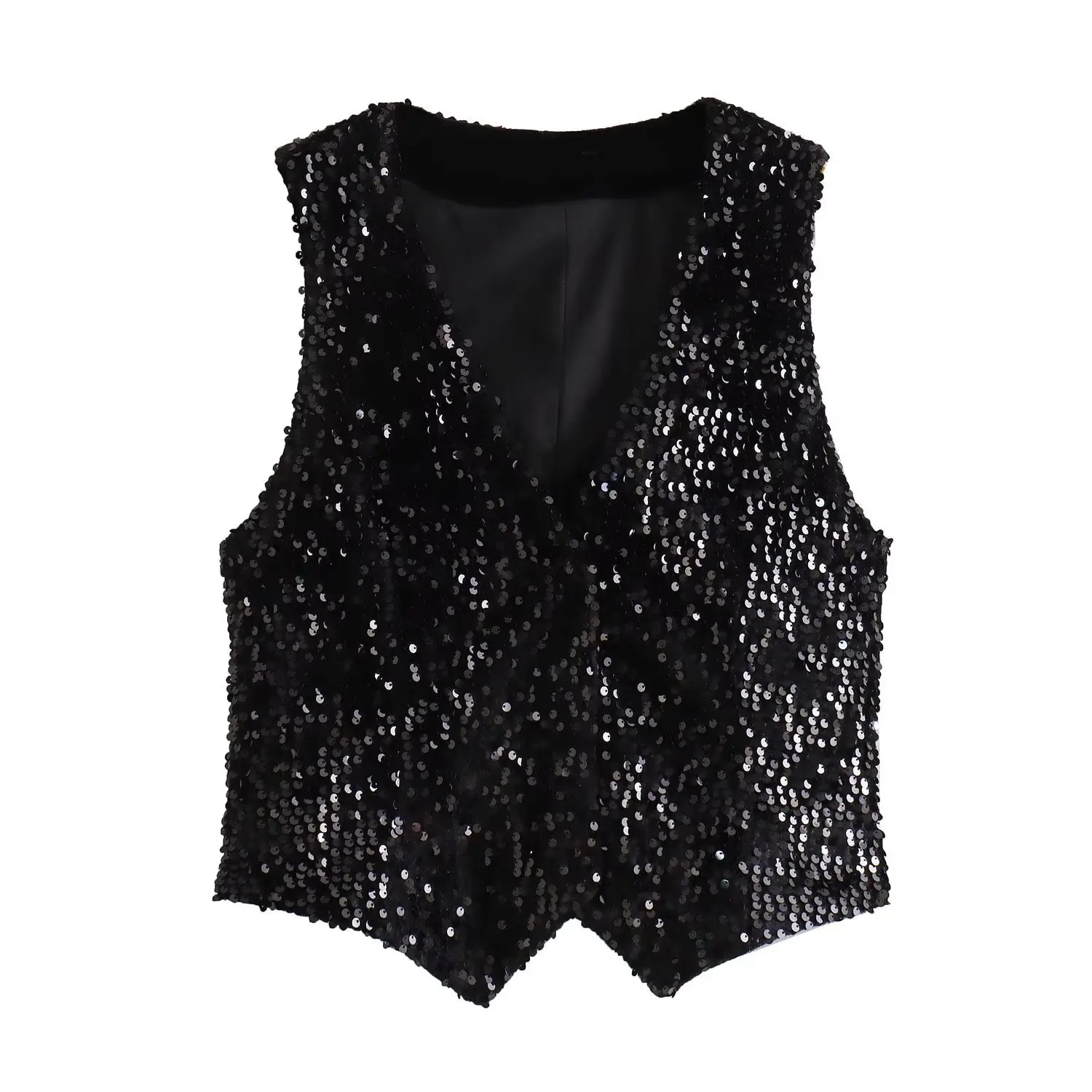 

2024 black sequined tight fitting vest open collar retro sleeveless sequined vest, women's coat