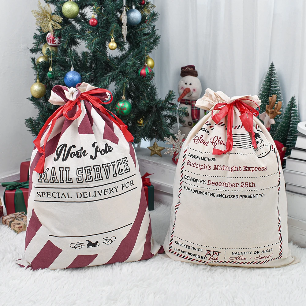 Christmas Fabric Gift Bags Canvas Printing  Party Favors Large Reusable Drawstring Holiday Presents Santa Sack Canvas