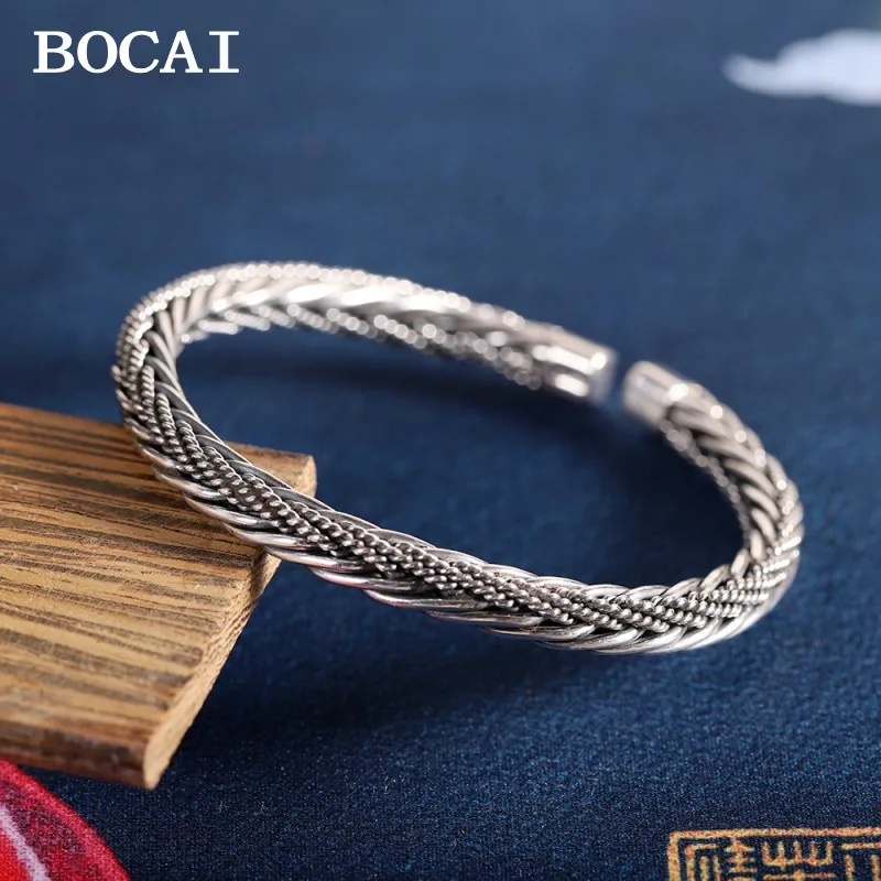 

BOCAI New S999 Sterling Silver Trendy Minimalist Retro Safety Pattern Woven Hemp Rope Bracelet Men's Gift