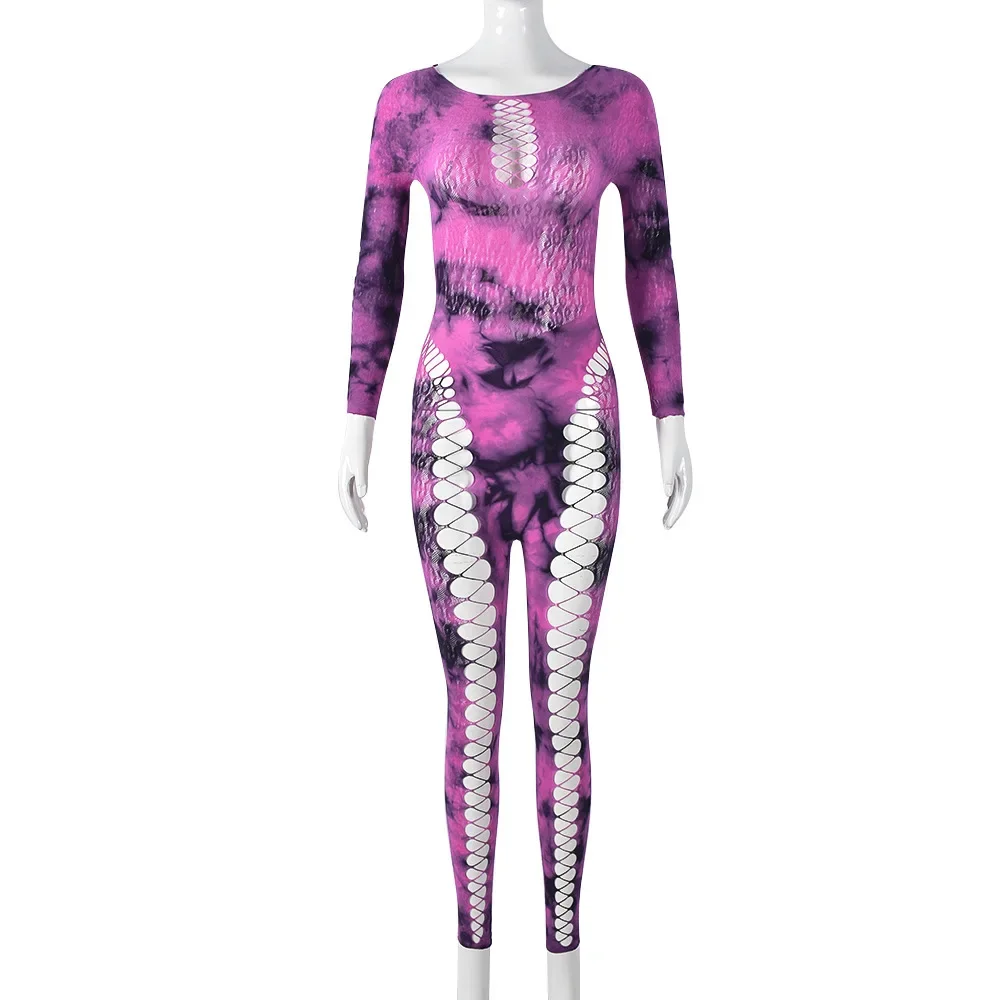 Tie-Dye Print Hollow Jumpsuit Women 2023 Spring O-Neck Full Sleeve Activity Clubwear Workout Overalls Midnight Clubwear