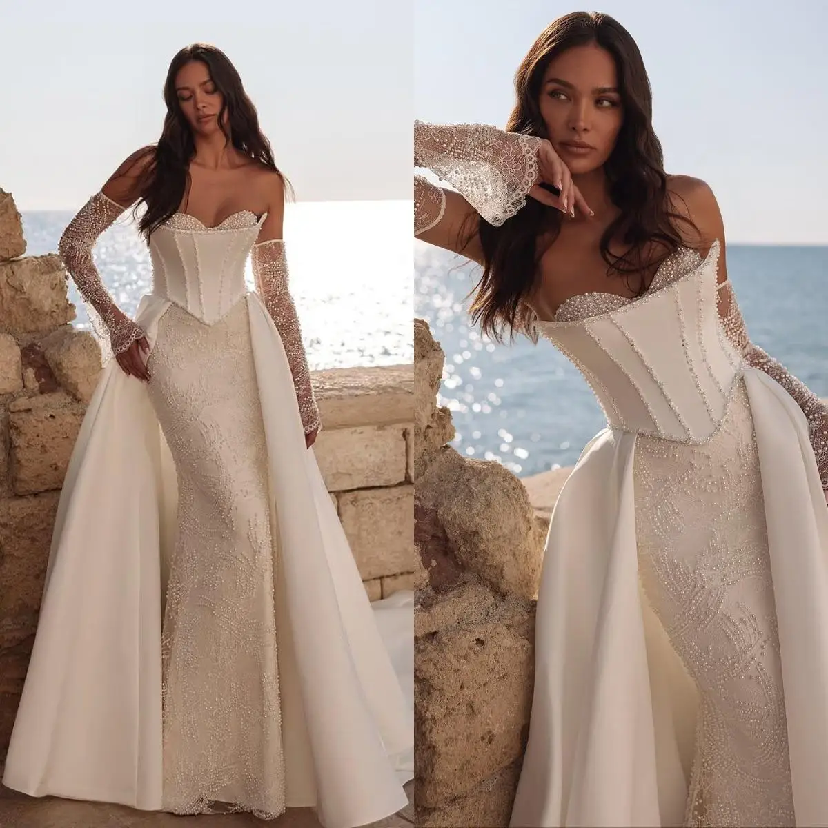 Elegant Mermaid Wedding Dress Sweetheart Neck Removable Sleeves Bridal Gowns Pearls Sequins Sweep Train Dresses Custom Made