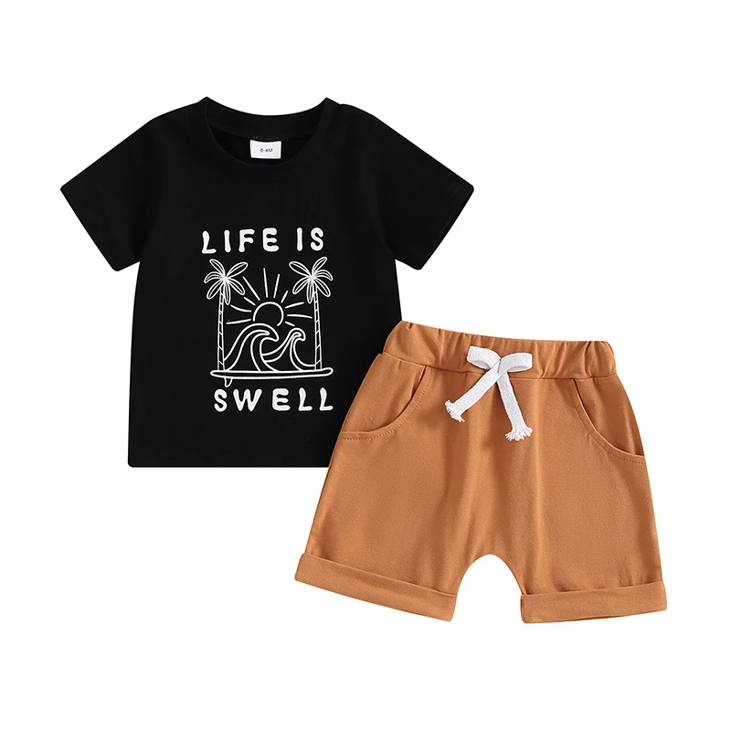 

Baby Boys Summer Outfits Letter Tree Print Short Sleeves T-Shirt and Elastic Shorts for 2 Piece Vacation Clothes Set