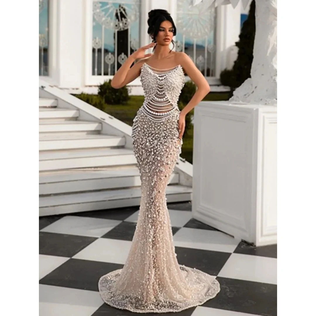 

Women Luxury Sexy Strapless Backless Pearl Sequins Maxi Long Gowns Dress 2024 White Elegant Evening Party Club Birthday Dress