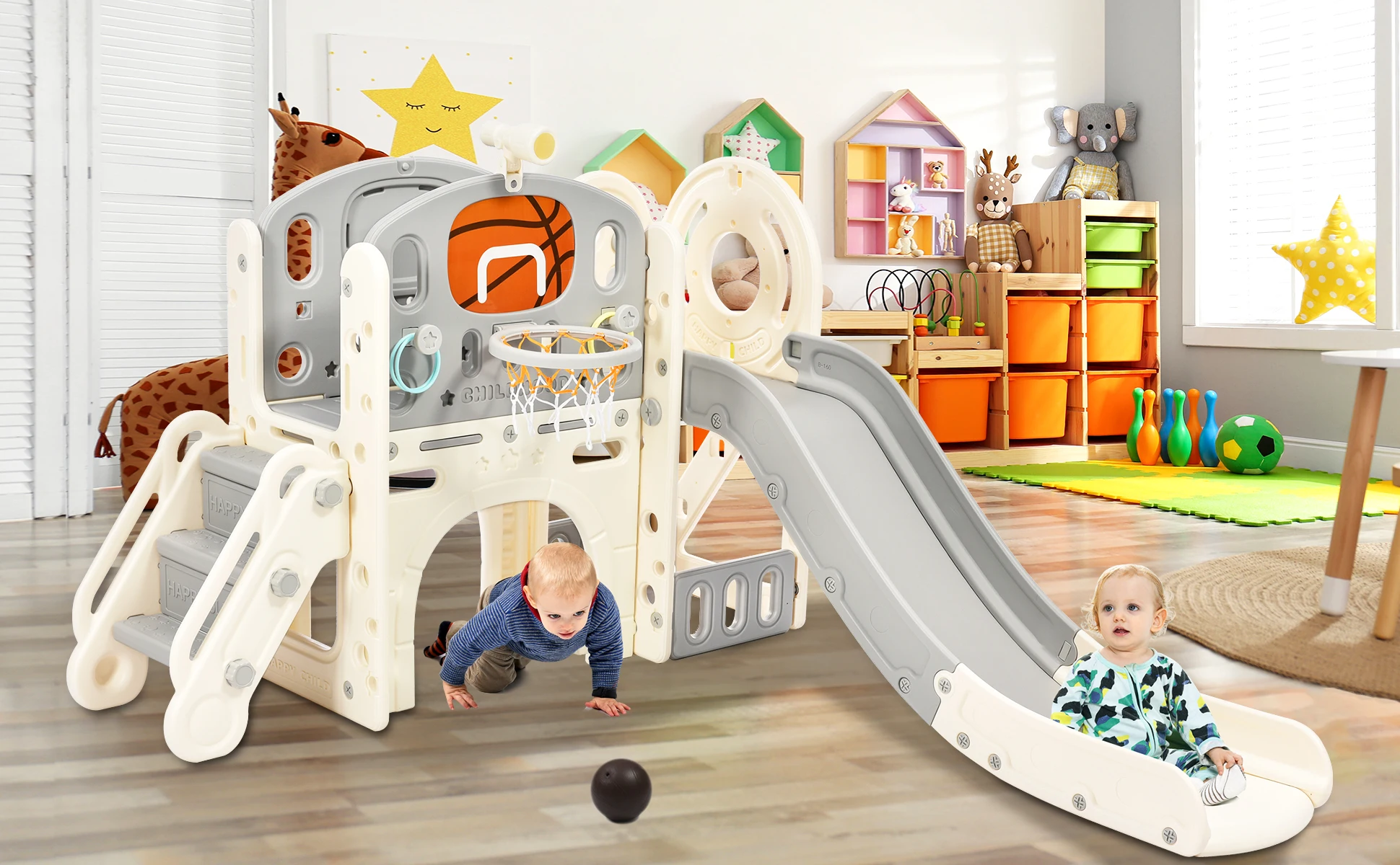 

Kids Slide Playset Structure, Freestanding Castle Climbing Crawling Playhouse with Slide, Arch Tunnel, Ring Toss, and Basketball