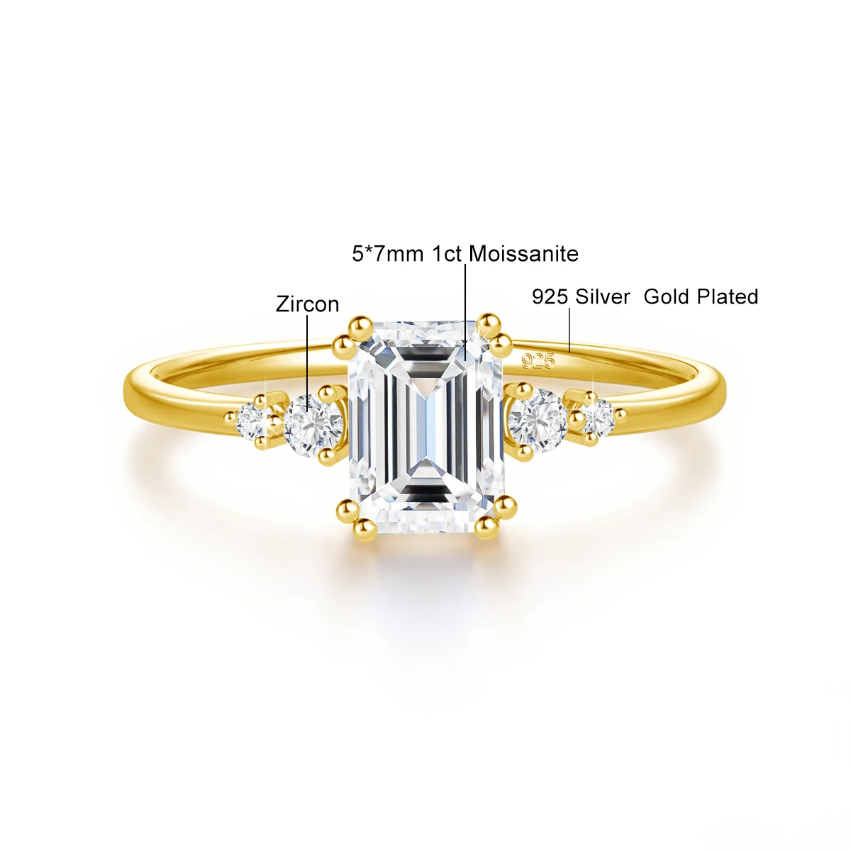 Reine 925 Sterling Silber Klassische Smaragdschliff Moissanit-Ringe für Frauen Fünf-Stein Hochzeits-Verlobungsring Edle Schmuckstücke – Detail 1