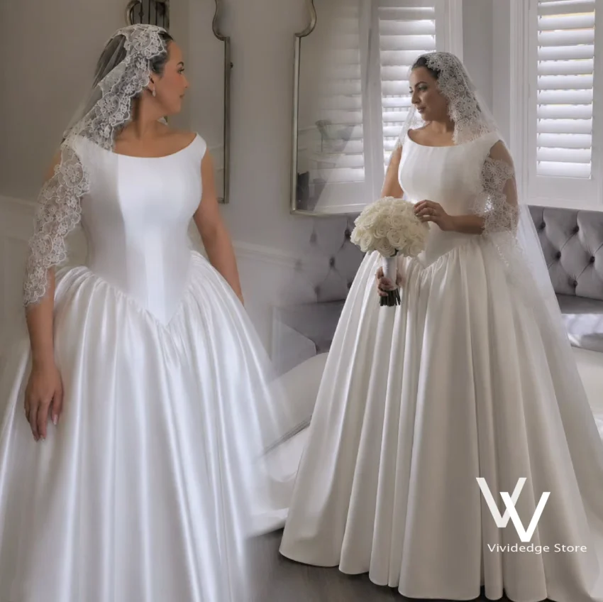 Vestido de Novia Sencillo de Satén con Escote Barco y Falda Voluminosa, Vestido de Novia Modesto con Velo de Mantilla de Encaje para Boda en la Iglesia, Personalizable