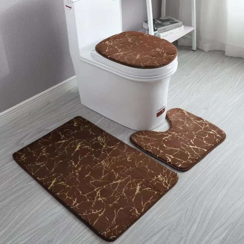 3pcs Sets White Bath Mats Gold Grey Lines Creative Abstract Geometric Art Home Bathroom Door Rug Anti-Slip Toilet Lid Mat