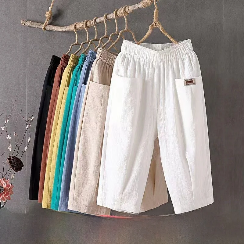 

Summer Thin Cotton Linen Mom Pants Women Loose Large Size Elastic Waist Harem Casual Pants Comfortable High Waist ket Design