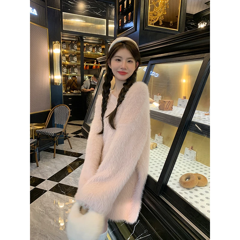 

Chen Dayu женский свободный длинный шерстяной свитер с v-образным вырезом, розовая норка, мягкий, теплый, средней длины, осень-зима, модный