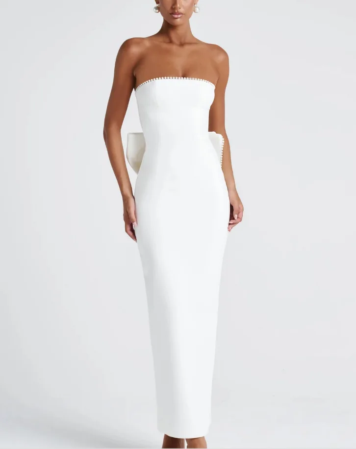 فستان أنيق للحفلات المسائية باللون الأبيض بدون حمالات بفيونكة من الخلف من الساتان غمد طول الكاحل للحفلات الراقصة فساتين رسمية مأدبة رداء السهرة