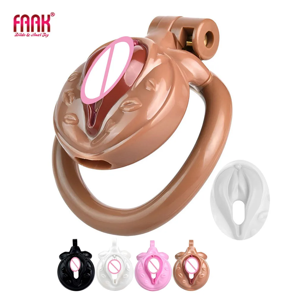 FAAK Plastic Realistic Clitoris Chastity Cage With 4 Sizes Penis Ring BDSM Sex Toys For Men Light Cock Cage With Sexy Labia