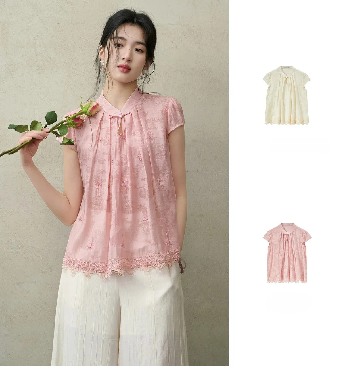 SENTUBILA Elegante Bestickte Jacquard-Chiffonbluse für Damen, Rosa, mit Gepinntem Plissee-Stehkragen und Spitzensaum, Locker Geschnittenes Hemd 162VF5004 – Detail 10