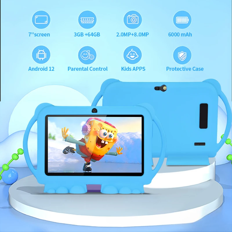 Nueva tableta para niños de 7 pulgadas con funda a prueba de dibujos animados, 5g WiFi Google Learning Education Tablet PC, 2GB RAM 32GB ROM, batería