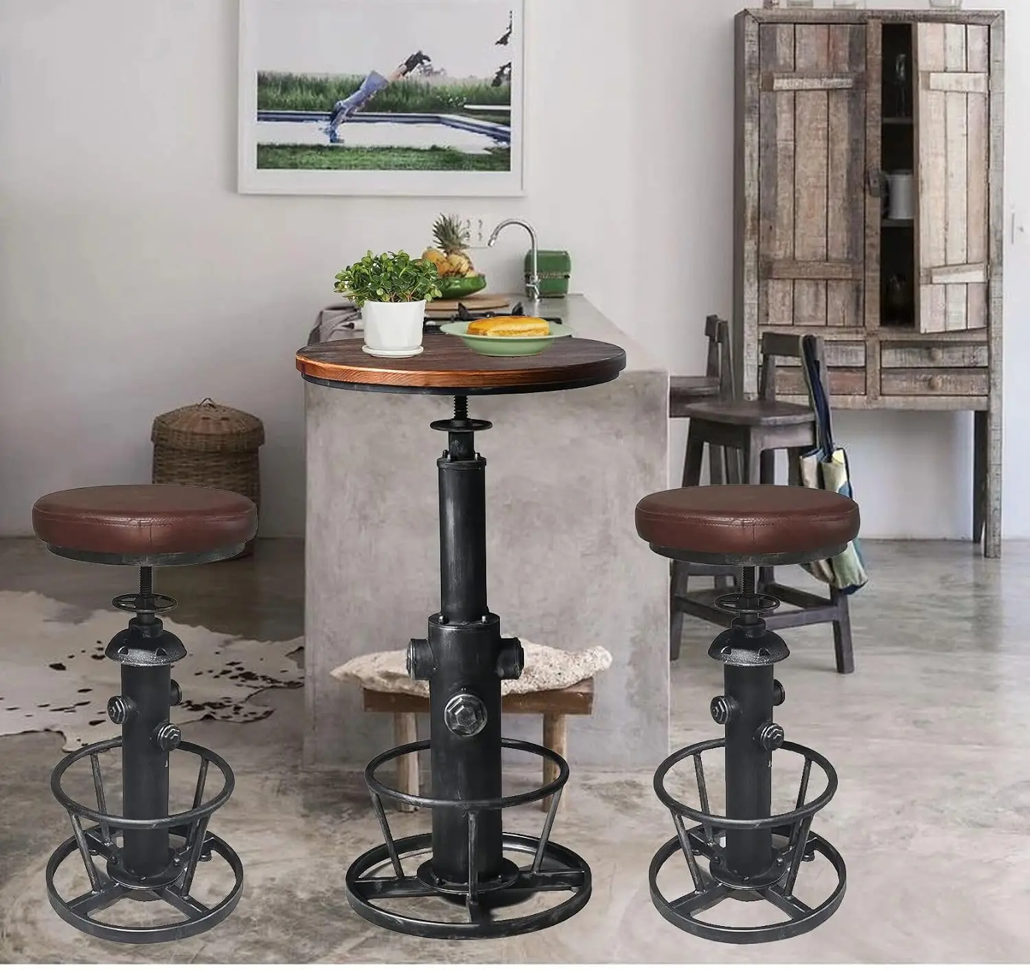 Retro Round Pub Bar Table Set Height Adjustable 2 Stools Match Counter & Bar Height 3 Piece Dining Furniture, Customized