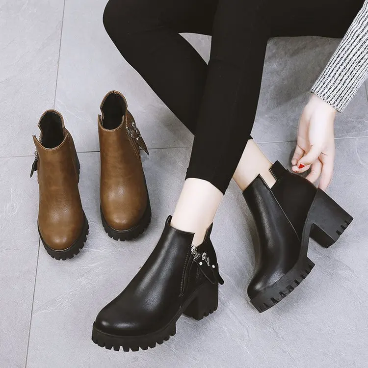 Autumn Winter Thick Heel Women's Ankle Boots Anti-slip Ladies Casual Footwear British Style Platform Side Zipper High Heel Shoes