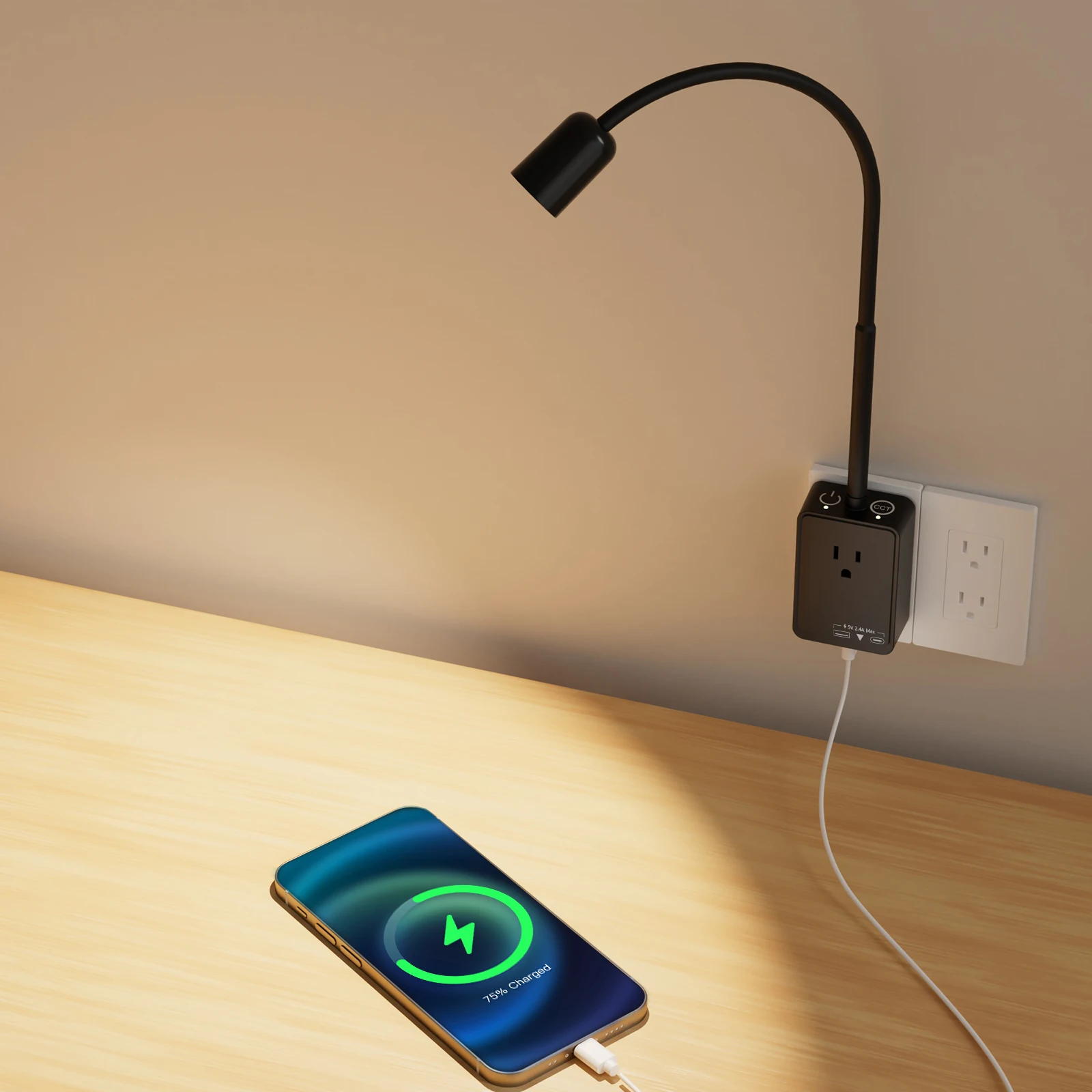 Plug in LED Wall Mounted Reading Light, Black Flexible Wall Sconce Spot Light with Power Plug Extension Outlet for Bedroom