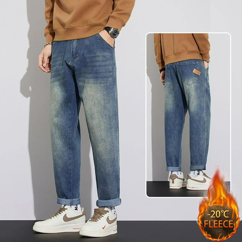 High Quality Casual Jeans New Vintage Straight Fleece Thickening Loose Outside Warm Long Denim Pant Streetwear Men Autumn Winter