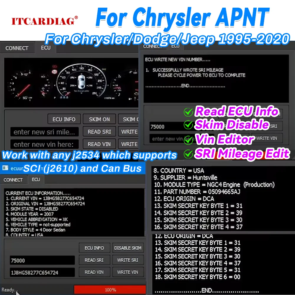 For Chrysler APNT Edit Vin Read ECU Info Skim SRI mileage Edit Immo off for Chrysler/Dodge/Jeep Gas Diesel 1995-2020 for J2534