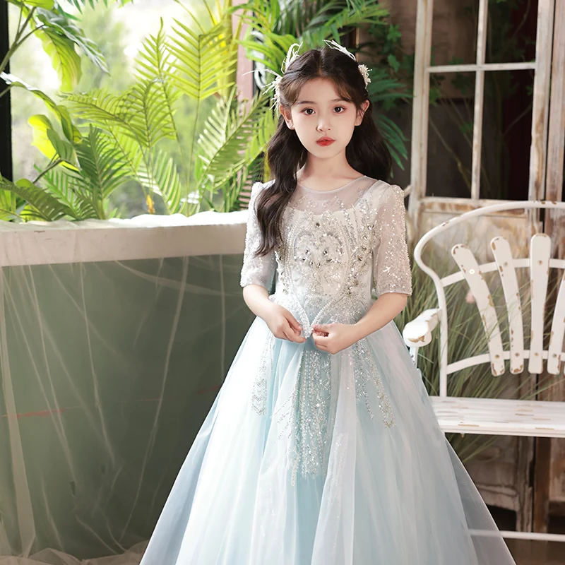 Girls dress with mid-length sleeves, hand-made custom-made, pearl-length, fluffy tulle princess dress