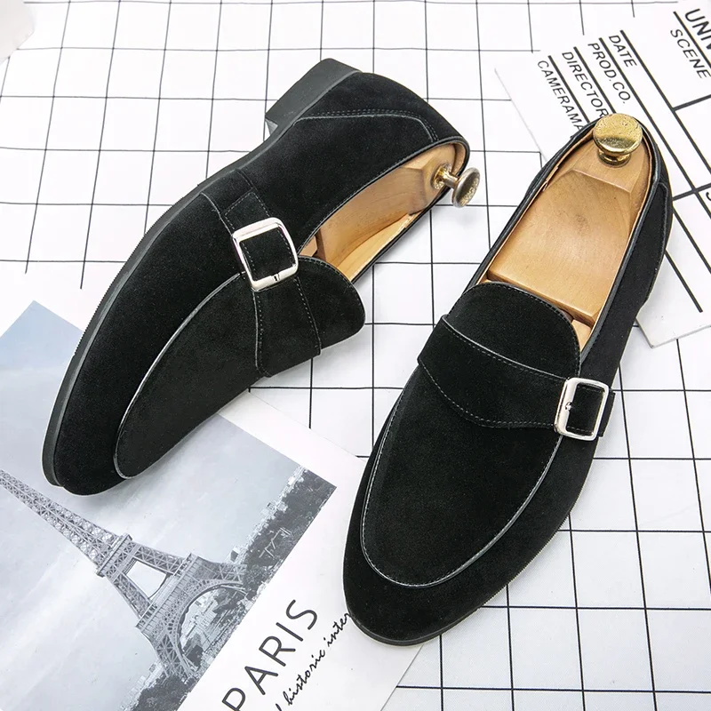 Luxury Brand Men Loafers Buckle Frosted Leather Shoes Fashion Mens Dress Shoes Black Green Office Wedding Men Casual flat Shoes